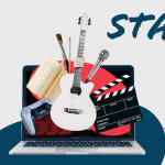Graphic with guitar, film board, and other instruments emerging from a laptop on the left. On the right reads "Starring Role: Arts and Entertainment in the Pandemic Era - Jan. 11 | 3:00 P.M. ET"