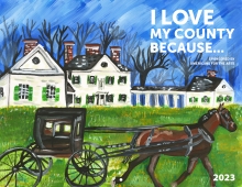 Drawing of a brown horse pulling a black carriage in front of green lawn and large white house in background.